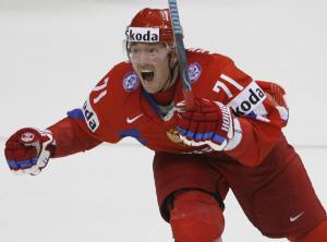 Ilya Kovalchuk of Russia reacts after sc