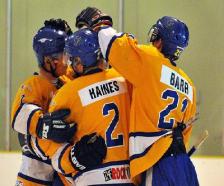Haines celebrates after a Stampede goal. (Photo: Tim Clayton) 